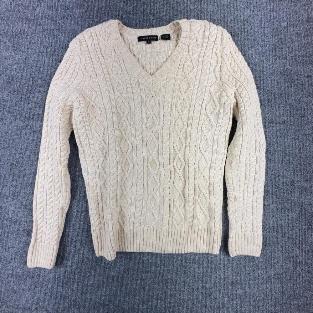 Jeanne Pierre Sweater Womens‎ Small White V Neck Cable Knit Cotton Pullover